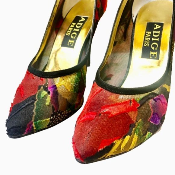 Adige Paris Vintage 80's Pump Heels MESH Fabric Patches Suede Spain sz 8 - Picture 7 of 15